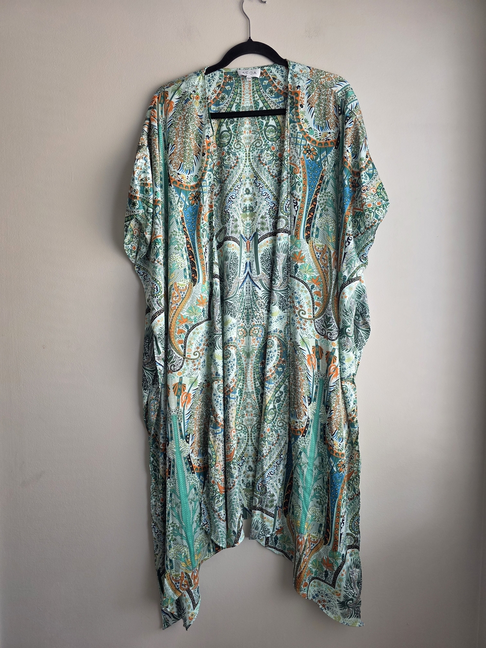 ACOA Boho Paisley Floral Satin Longline Kimono Duster Green Multi S/M - Picture 3 of 11